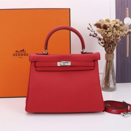 Hermès Kelly Togo Calf Sliver hardware Red size: 25cm/28cm